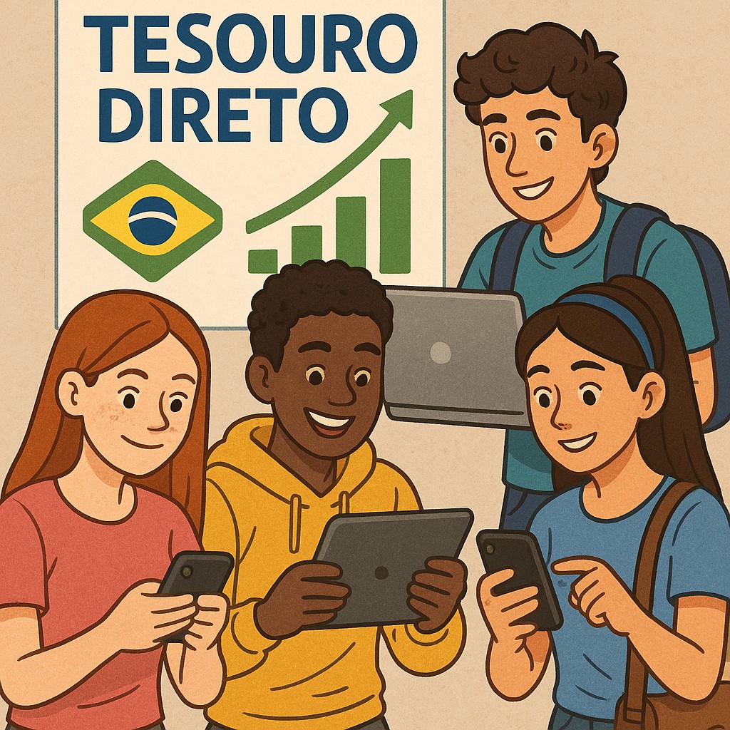 ilustração de vários adolescentes investindo na plataforma do Tesouro Direto do Brasil ilustracao de varios adolescentes investindo na plataforma do Tesouro Direto do Brasil